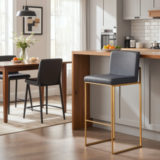 Sunvega Gold Steel Frame Grey Faux Leather High Back Barstool Set of 2