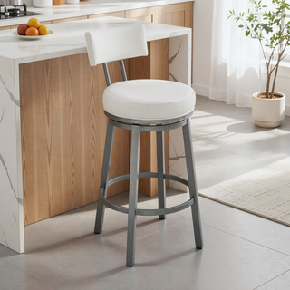 Sunvega Swivel Bar Stool in Cloud Finish with White Faux Leather Upholstery