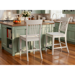 Sunvega Farmhouse Style Weathered White Slat Back Counter Stools Set of 2