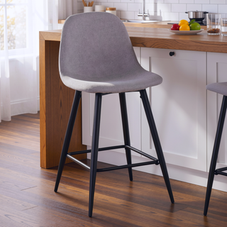 Sunvega Mid-Century Modern Black Metal Counter Stool with Light Grey Fabric