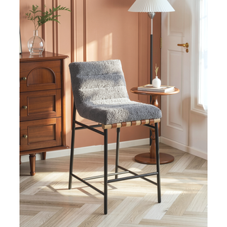 Sunvega Boucle Upholstered Chair with Cognac PU Leather Detailing and Black Iron Legs