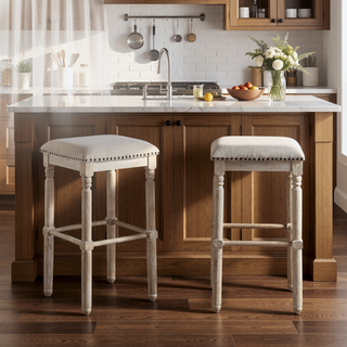 Sunvega Rustic Chic Upholstered Bar Stools in Light Gray with Nailhead Trim