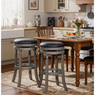 Sunvega 30 Inch Bar Stool with Weathered Gray Finish and Beige Fabric Seat