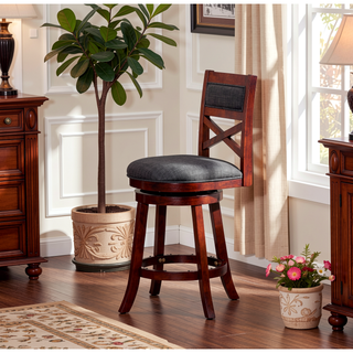 Sunvega 24 Inch Counter Height X-Back Swivel Stool with Beige Fabric Seat and Cherry Finish