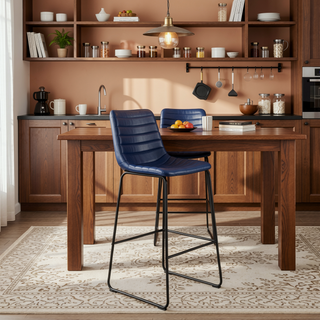 Sunvega Blue Faux Leather Upholstered Bar Chair Set with Channel Tufting