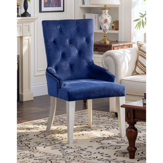 Sunvega Blue Velvet Dining Chair with Tufted Back and Platinum Wooden Legs