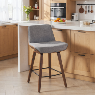 Sunvega Mid-Century Modern Walnut Wood and Light Grey Fabric Counter Stool