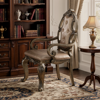 Sunvega Vintage Oak Tufted Arm Chair with Padded Seat and Scrolled Crown Molding