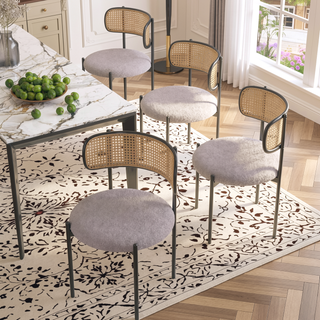Sunvega Modern Upholstered Dining Chairs Set of 4 with Rattan Backrest and Metal Legs