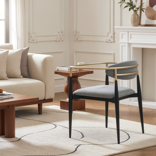 Sunvega Mistra Grey Upholstered Dining Arm Chair with Black Base and Gold Arms
