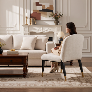 Sunvega Modern Elm Wood and Chenille Upholstered Dining Chair with Gold Tips