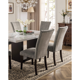 Sunvega Light Gray Flannelette Dining Chairs with Nailhead Trim and Black Wood Legs