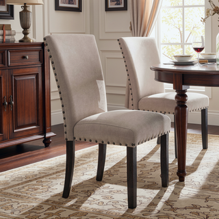 Sunvega Contemporary Linen and Dark Oak Finish Parson Dining Chairs Set of 2