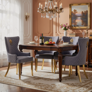 Sunvega Gold Velvet Upholstered Dining Chair with Lion Head Accent and Quilted Back