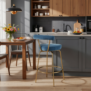 Sunvega Gold Metal Frame and Blue Velvet Upholstery Counter Stool Set of 2