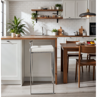 Sunvega Contemporary Stackable Barstool with White Faux Leather and Stainless Steel Frame