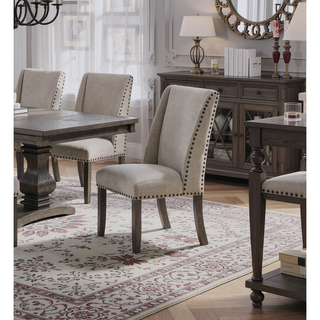 Sunvega Traditional Oak Finish Upholstered Wingback Side Chairs with Nailhead Trim