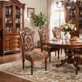 Sunvega Brown Cherry Formal Dining Room Side Chairs with Floral Fabric Seats