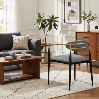 Sunvega Mistra Grey Upholstered Dining Arm Chair with Black Base and Gold Arms