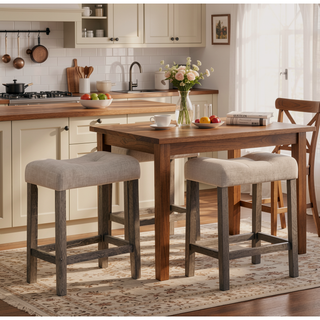 Sunvega Taupe Saddle Stool Set of 2 with Button Tufted Upholstery and Rubberwood Frame