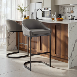Sunvega Black Metal Counter Stool with Gray Faux Leather Upholstery