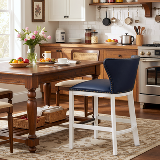 Sunvega Midnight Blue Faux Leather Upholstered Counter Stool with White Wood Base