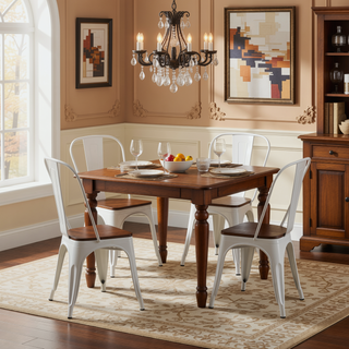 Sunvega High Gloss White Industrial Metal Dining Chairs with Walnut Wooden Seat Set of 4