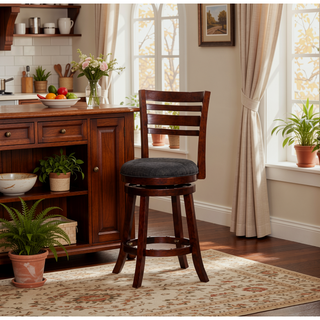 Sunvega Cherry Finish Beige Fabric Slat Back Swivel Stool for Counter Height