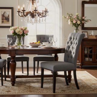 Sunvega Sand and Rustic Espresso Tufted Side Chairs with Rolled Backrest and Padded Seat