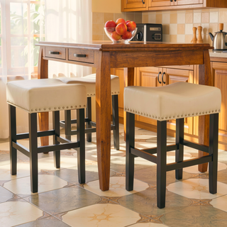 Sunvega Brown Bonded Leather Saddle Seat Backless Counter Stools Set of 2
