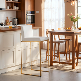 Sunvega Fuji High Back Barstool Set of 3 in Gold Steel and White Velvet