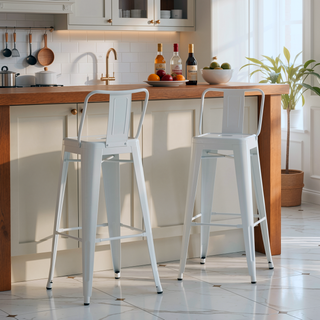 Sunvega White Metal Bar Stools with Curved Back and Foot Rest Set of 2