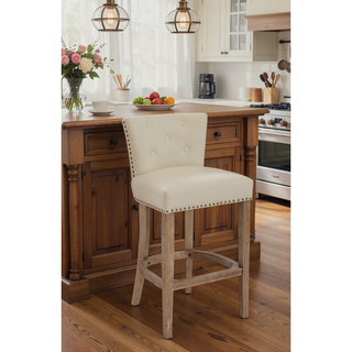Sunvega Brown Wooden Bar Stools with Cow Top Leather Upholstered Seat and Backs