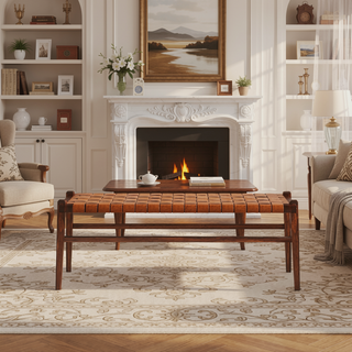 Sunvega Genuine Leather Upholstered Bench with Solid Wood Frame and Tapered Legs