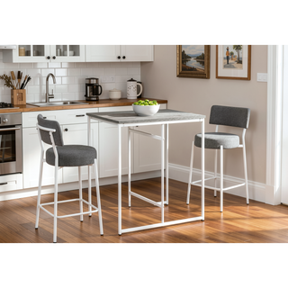Sunvega Contemporary Kitchen Barstools with Grey Fabric Upholstery and White Metal Legs