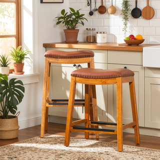 Sunvega Natural Finish Saddle Leather Seat Counter Stool with Footrest and Nail Head Trim