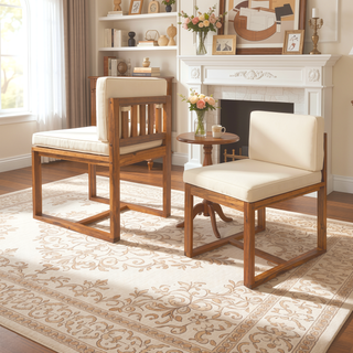 Sunvega Set of 2 Acacia Wood Armchairs with Beige Cushion for Patio Dining