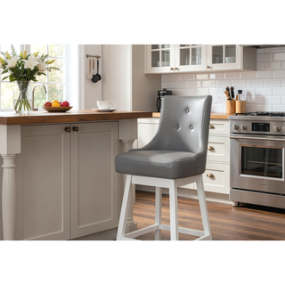 Sunvega Set Of 2 Swivel Bar Stools With Grey Leather Look Upholstery And White Wood