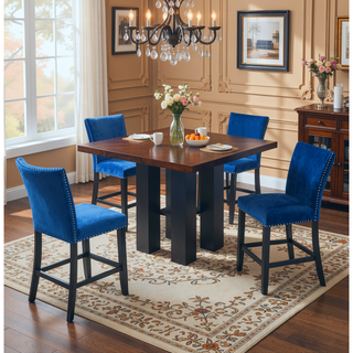 Sunvega Blue Velvet Upholstered Counter Height Chair Set with Chrome Nailhead Trim