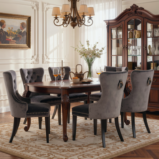 Sunvega Dark Gray Velvet Upholstered Dining Chairs with Tufted Back and Wood Legs
