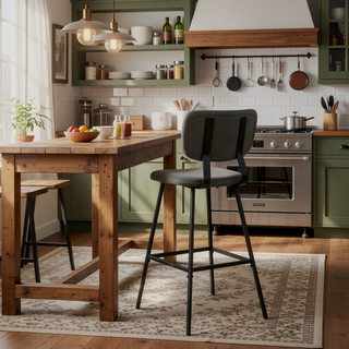 Sunvega Foundry Contemporary Black Metal and Grey Faux Leather Barstools with Zig Zag Stitching