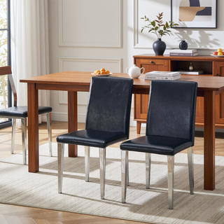 Sunvega Black PU Dining Chairs with Silver Metal Legs and High Elasticity Sponge Filling for Living Room
