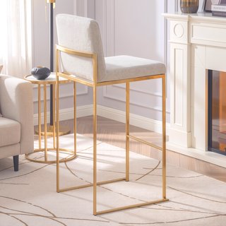 Sunvega Fuji Contemporary High Back Barstool with Padded Seat in Gold Steel and Beige Fabric