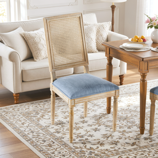 Sunvega French Country Dining Chairs with Cane Backrest Upholstered Seats and Fluted Legs