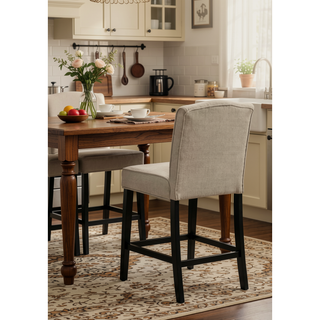 Sunvega Set of 2 Beige Upholstered Counter Height Chairs with Black Rubberwood Legs