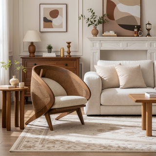 Sunvega Curved Rattan Upholstered Dining Chair with Stain Resistant Fabric and Rubberwood Frame
