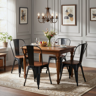 Sunvega High Gloss Black with Walnut Wooden Seat Industrial Metal Dining Chairs Set of 4