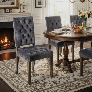 Sunvega Contemporary Upholstered Dining Chairs with Button Tufting and Weathered Wood Legs Set of 2