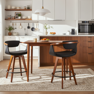 Sunvega Mid-Century Modern Counter Stool with Walnut Wood Accents and Faux Leather