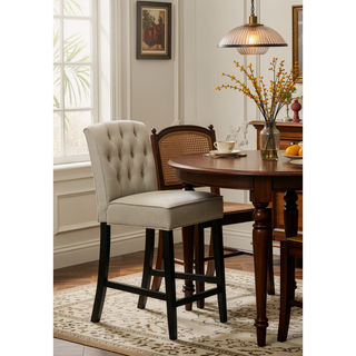 Sunvega Set of 2 Beige Upholstered Counter Height Chairs with Black Rubberwood Legs